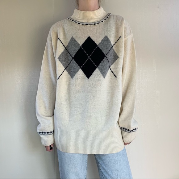 Vintage Liz Claiborne Argyle Cream Lambs Wool Sweater Size Large - Picture 2 of 12